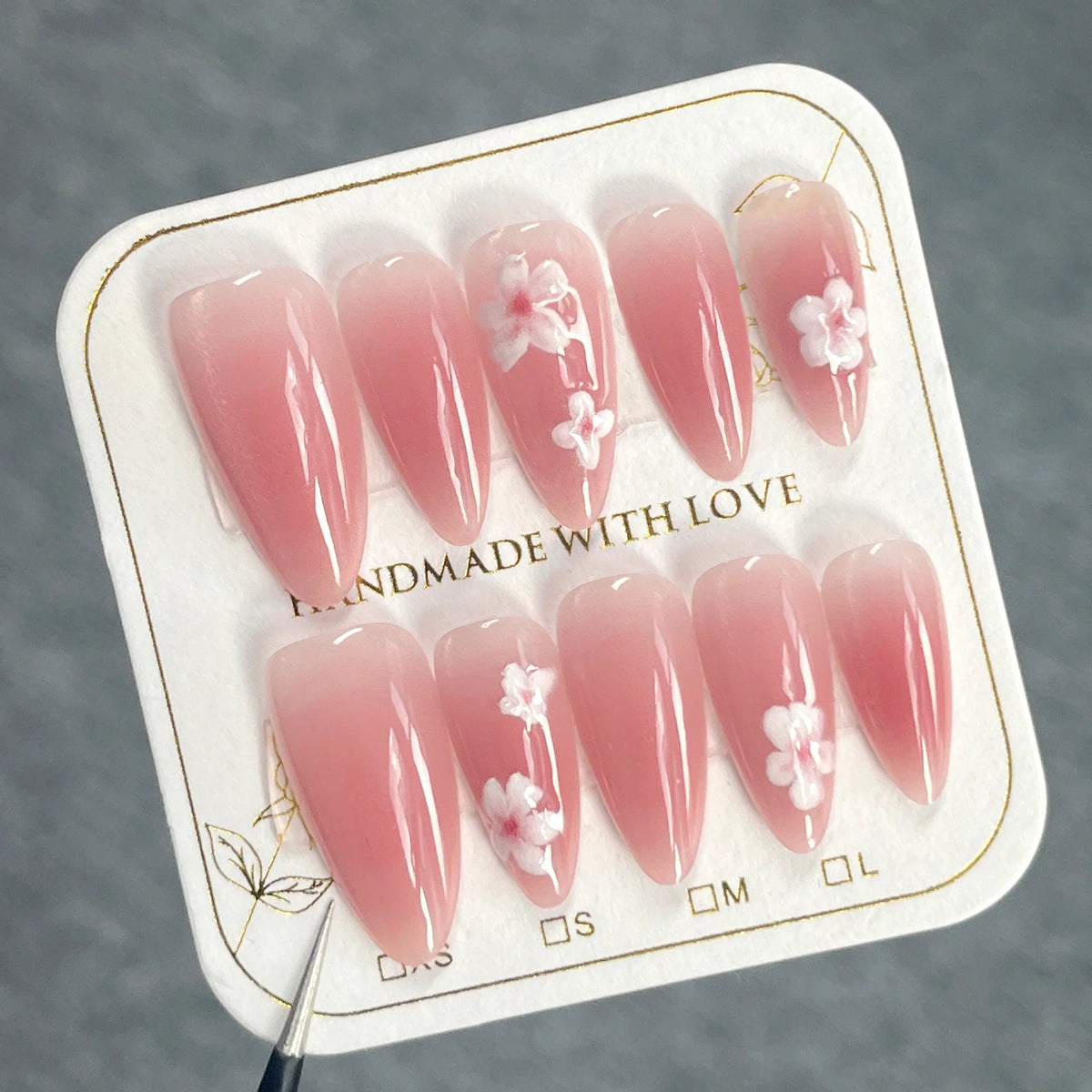 Handmade Pink Cat Eye White Flowers (Almond, Medium)