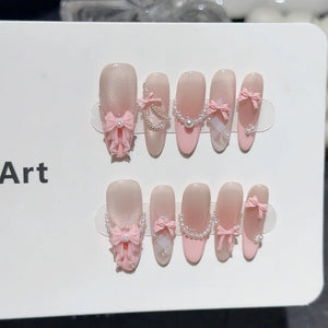 Handmade French Pink Bow Pearls (Almond, Long)