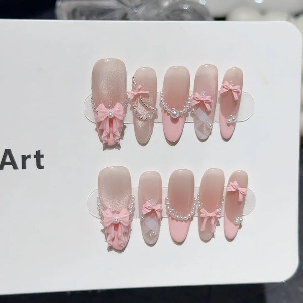 Handmade French Pink Bow Pearls (Almond, Long)