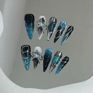 Handmade Ocean Blue Punk Silver (Almond, Long)