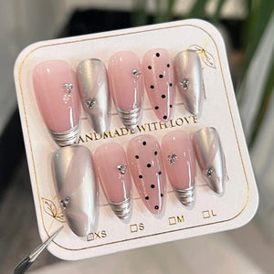 Handmade Pink Cat Eye White Flowers (Almond, Medium)