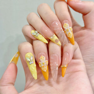 Handmade 3D Sunshine Carved Flower Press-Ons (Almond, Long)