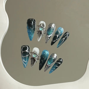 Handmade Ocean Blue Punk Silver (Almond, Long)