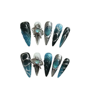 Handmade Ocean Blue Punk Silver (Almond, Long)