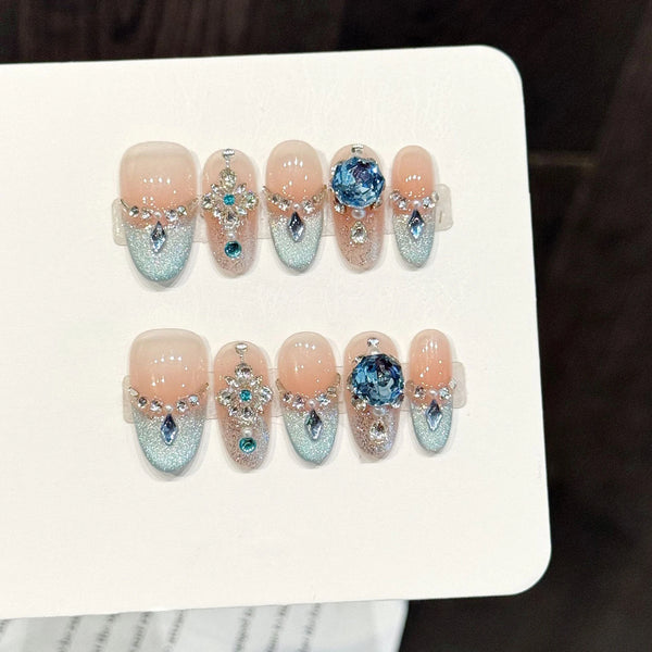 Handmade Ice Blue Crystal Embellished (Almond, Medium)