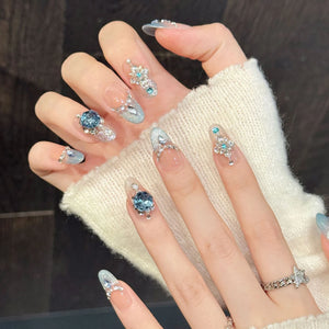 Handmade Ice Blue Crystal Embellished (Almond, Medium)