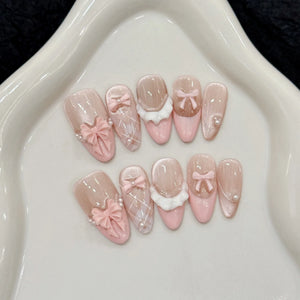 Handmade French-Tip Cat Eye Pink Bow (Almond, Medium)