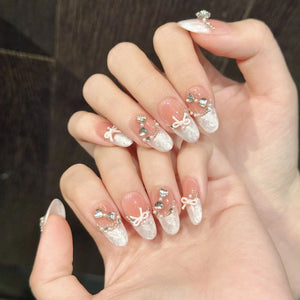 Handmade French-Tip Cat Eye Pink Bow (Almond, Medium)