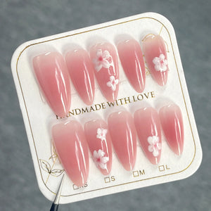 Handmade Pink Cat Eye White Flowers (Almond, Medium)