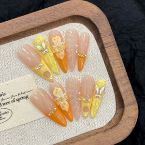 Handmade 3D Sunshine Carved Flower Press-Ons (Almond, Long)