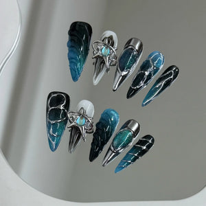 Handmade Ocean Blue Punk Silver (Almond, Long)
