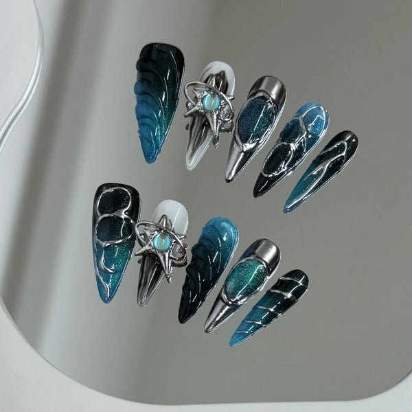 Handmade Ocean Blue Punk Silver (Almond, Long)