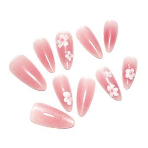 Handmade Pink Cat Eye White Flowers (Almond, Medium)