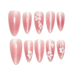 Handmade Pink Cat Eye White Flowers (Almond, Medium)