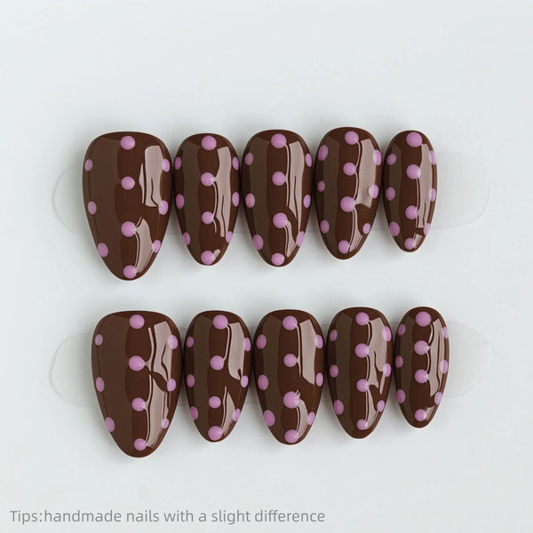 10pcs Handmade Brown Pink Polka Dot (Almond, Medium)