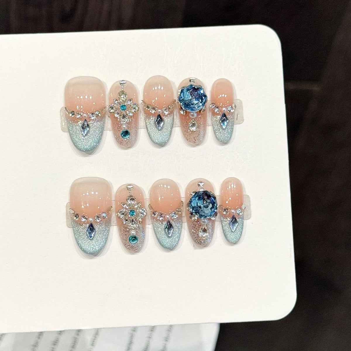 Handmade Ice Blue Crystal Embellished (Almond, Medium)