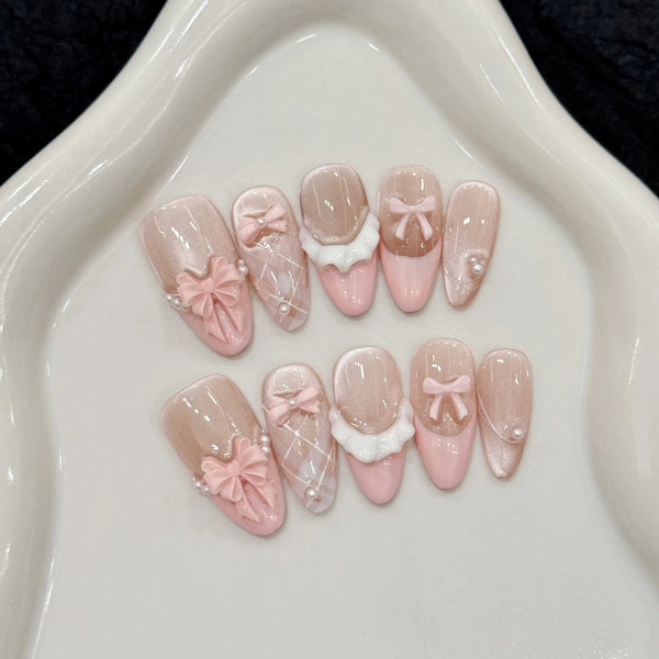 Handmade French-Tip Cat Eye Pink Bow (Almond, Medium)